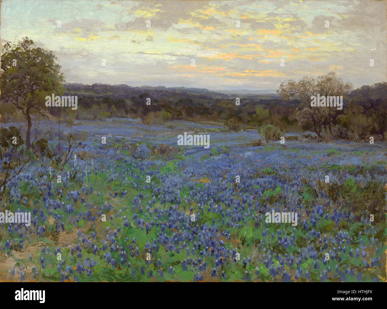 Il "Field of Bluebonnet at Sunset" di Julian Onderdonk cattura un tranquillo paesaggio texano durante il tramonto, mostrando vibranti fiori selvatici in fiore. Il dipinto è un esempio di arte paesaggistica americana dei primi anni del XX secolo. Foto Stock