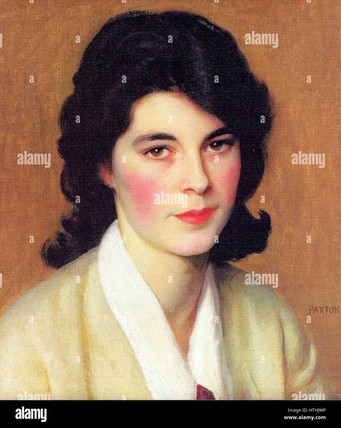 Il "Ritratto di Enid Hallin" di William McGregor Paxton cattura l'eleganza e la bellezza del suo soggetto attraverso un ritratto realistico e raffinato. Il dipinto mostra l'abilità di Paxton nell'utilizzare la luce e la consistenza per rappresentare i tessuti e le tonalità della pelle, con particolare attenzione alla grazia e al portamento di Enid. Come figura di spicco dell'impressionismo americano, Paxton enfatizza i dettagli e il realismo pur abbracciando le caratteristiche più morbide del movimento. Foto Stock