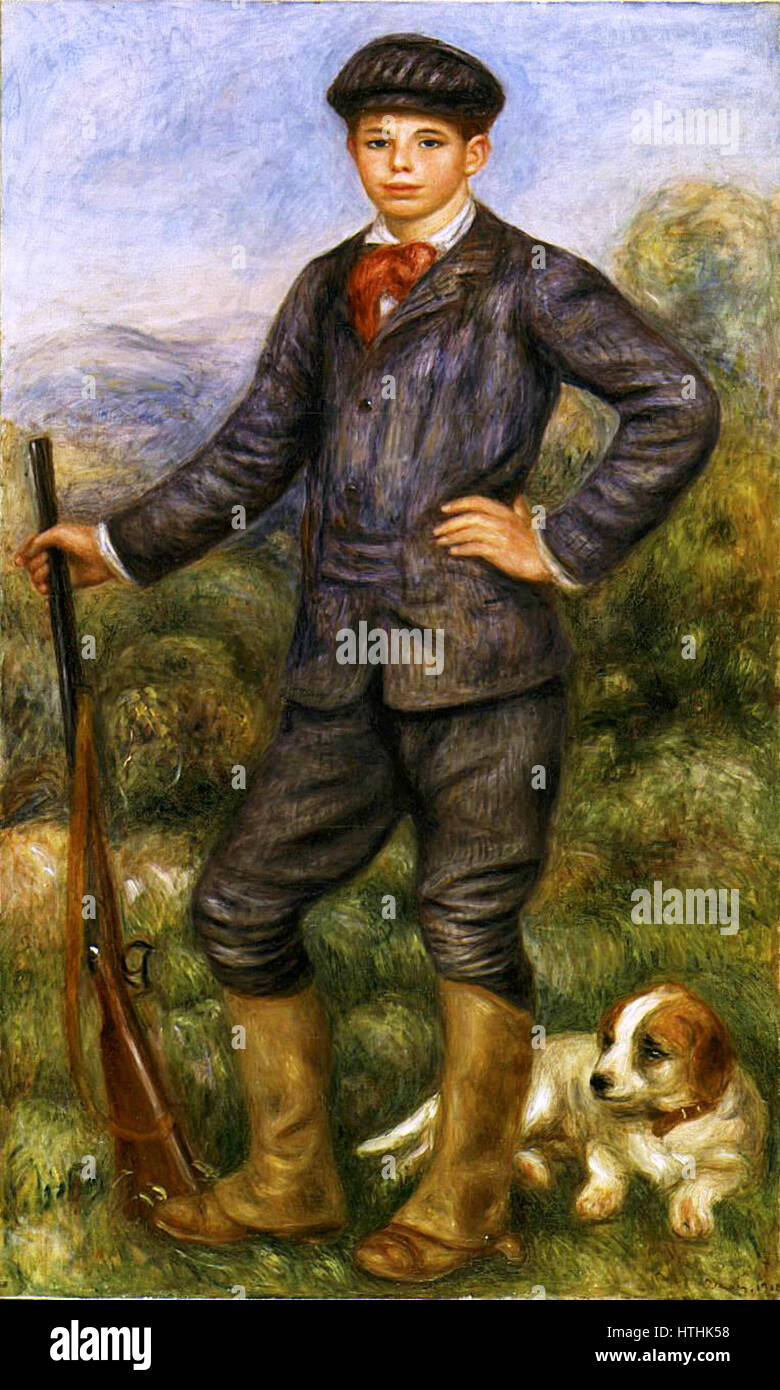 Jean en tant que Chasseur di Pierre-Auguste Renoir interpreta Jean, probabilmente un familiare o conoscente, vestito da cacciatore. Renoir cattura la figura con la sua caratteristica morbidezza nei colori e nella forma, sottolineando il legame del soggetto con la natura e un momento di svago. Foto Stock