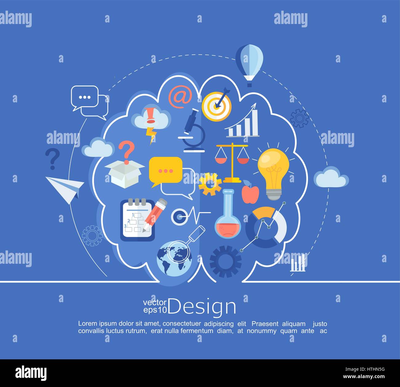 Creative cervello a sinistra e a destra del cervello ed infografico Idea in stile di linea con piatto Imposta icona azienda, illustrazione vettoriale. Illustrazione Vettoriale