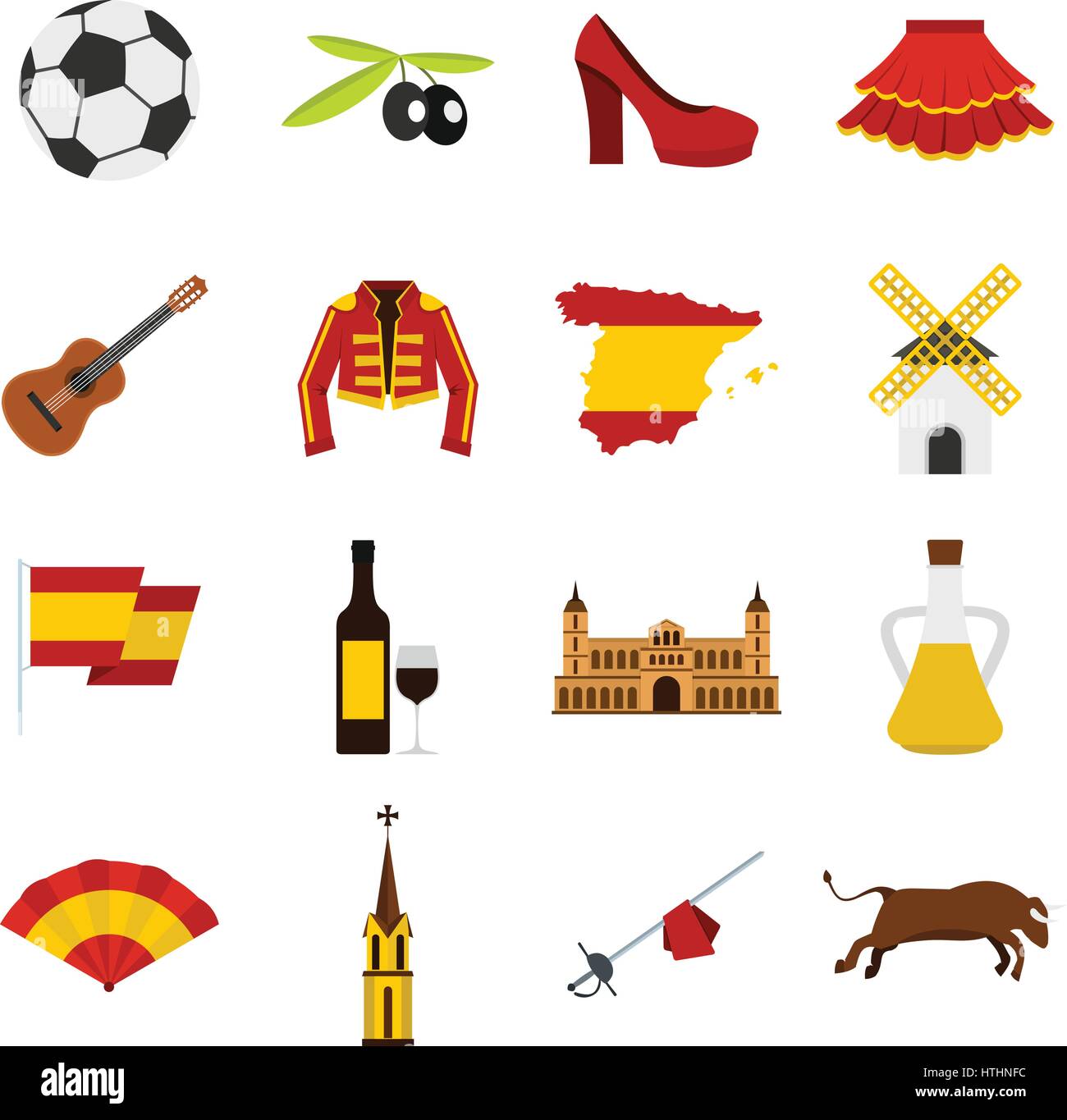 Spagna Viaggi impostare le icone in stile piatto isolato su sfondo bianco Illustrazione Vettoriale