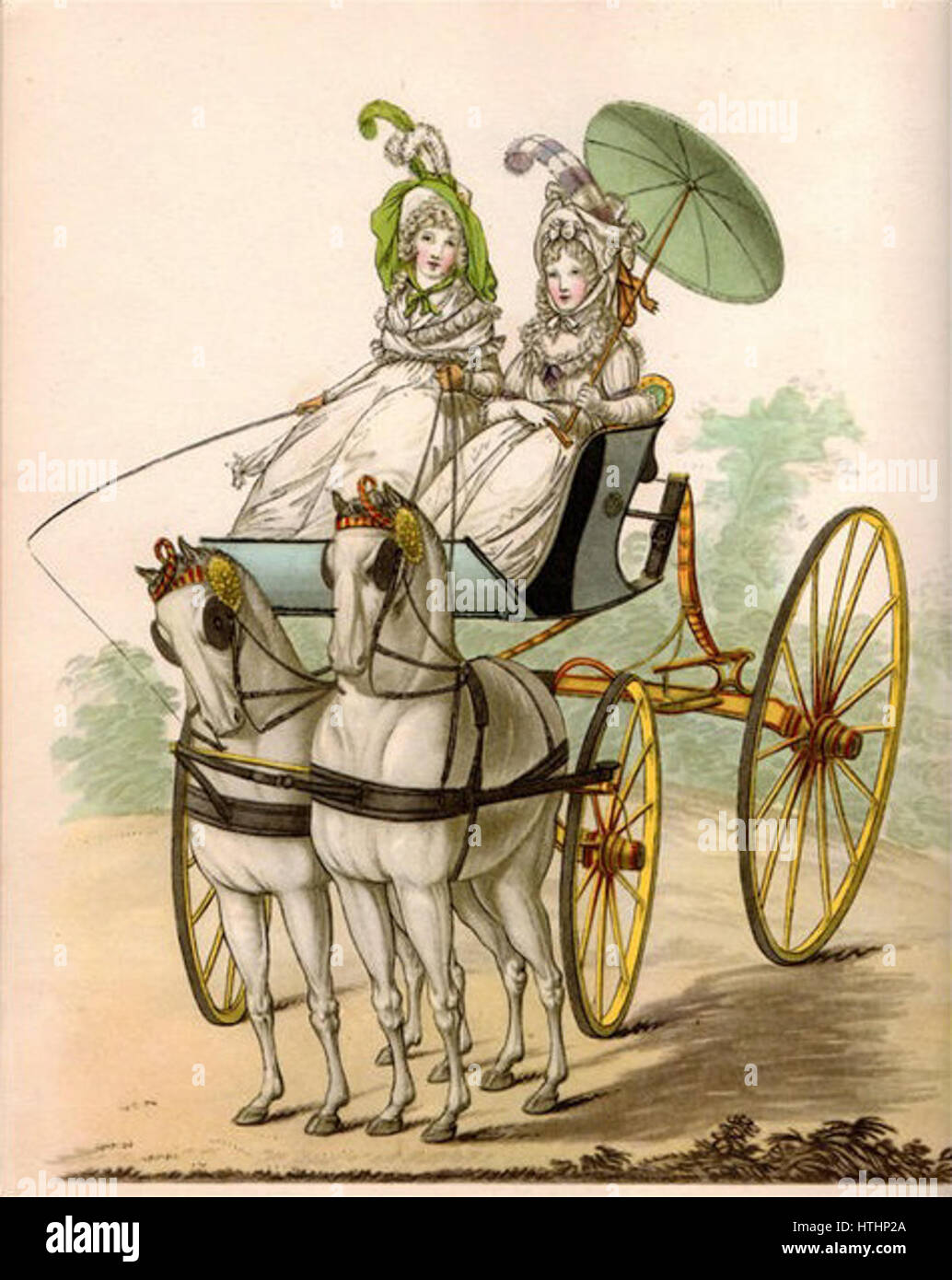 Due signore, en neglige, prendendo una messa in onda in una carrozza - La galleria della moda, Agosto 1794 Foto Stock