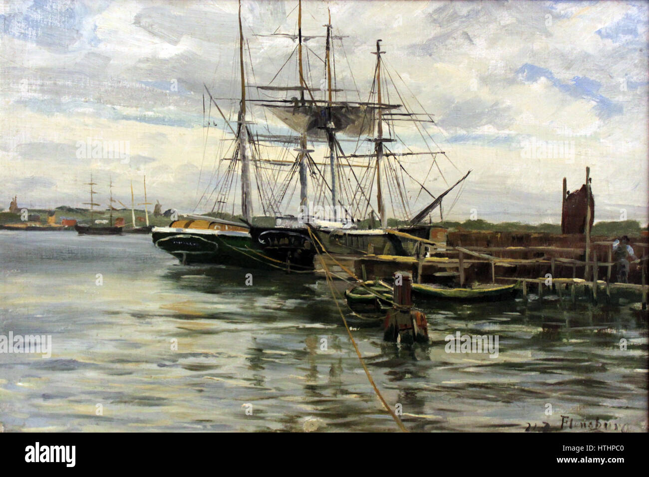 Nel porto di Flensburg, un dipinto a olio su tela del 1890 di Heinrich Petersen-Flensburg, un artista dano-tedesco nato ad Aarhus nel 1861 e attivo fino alla sua morte a Düsseldorf nel 1908. Foto Stock
