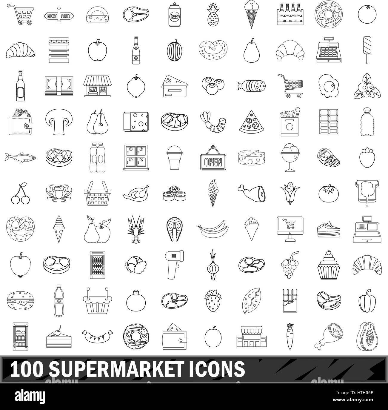 100 supermercato set di icone in stile contorno per qualsiasi design illustrazione vettoriale Illustrazione Vettoriale