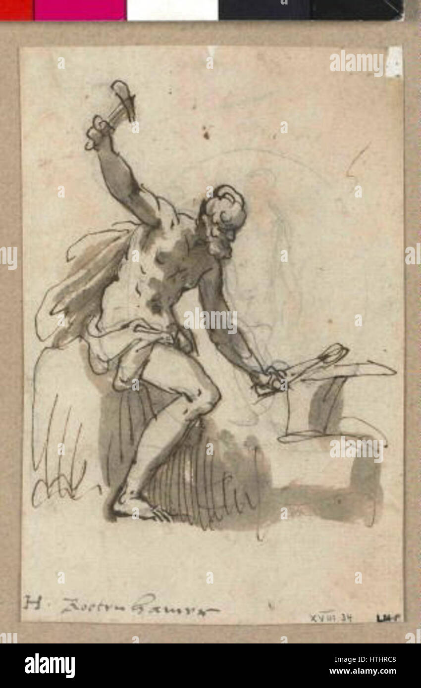 Il dipinto di Hans Rottenhammer, «Hefaistos u kovadliny» (Efesto alla Forgia), raffigura il dio greco Efesto che lavora nella sua Forgia. L'opera illustra l'artigianato e la mitologia che circondano il dio del fuoco e della lavorazione dei metalli, mostrando la sua abilità e forza. Foto Stock