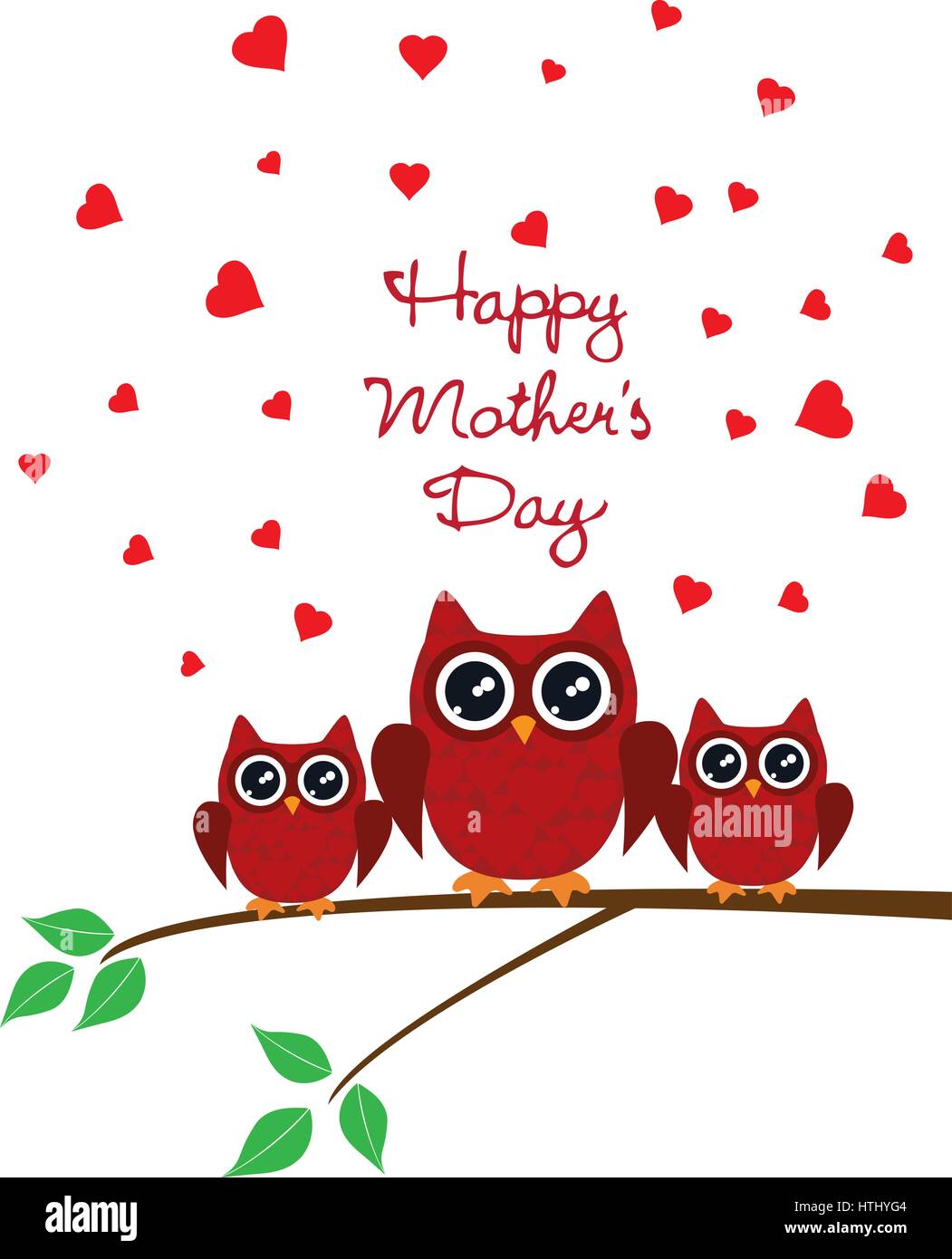 Illustrazione vettoriale di una giornata della madre card con gufi e cuori rossi Illustrazione Vettoriale