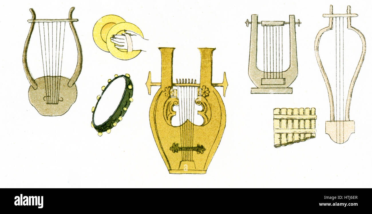 La figura mostra il Greco antico strumenti musicali, inclding arpe, cembali, un tamburello, e tubi di pan. L'illustrazione risale al 1882. Foto Stock