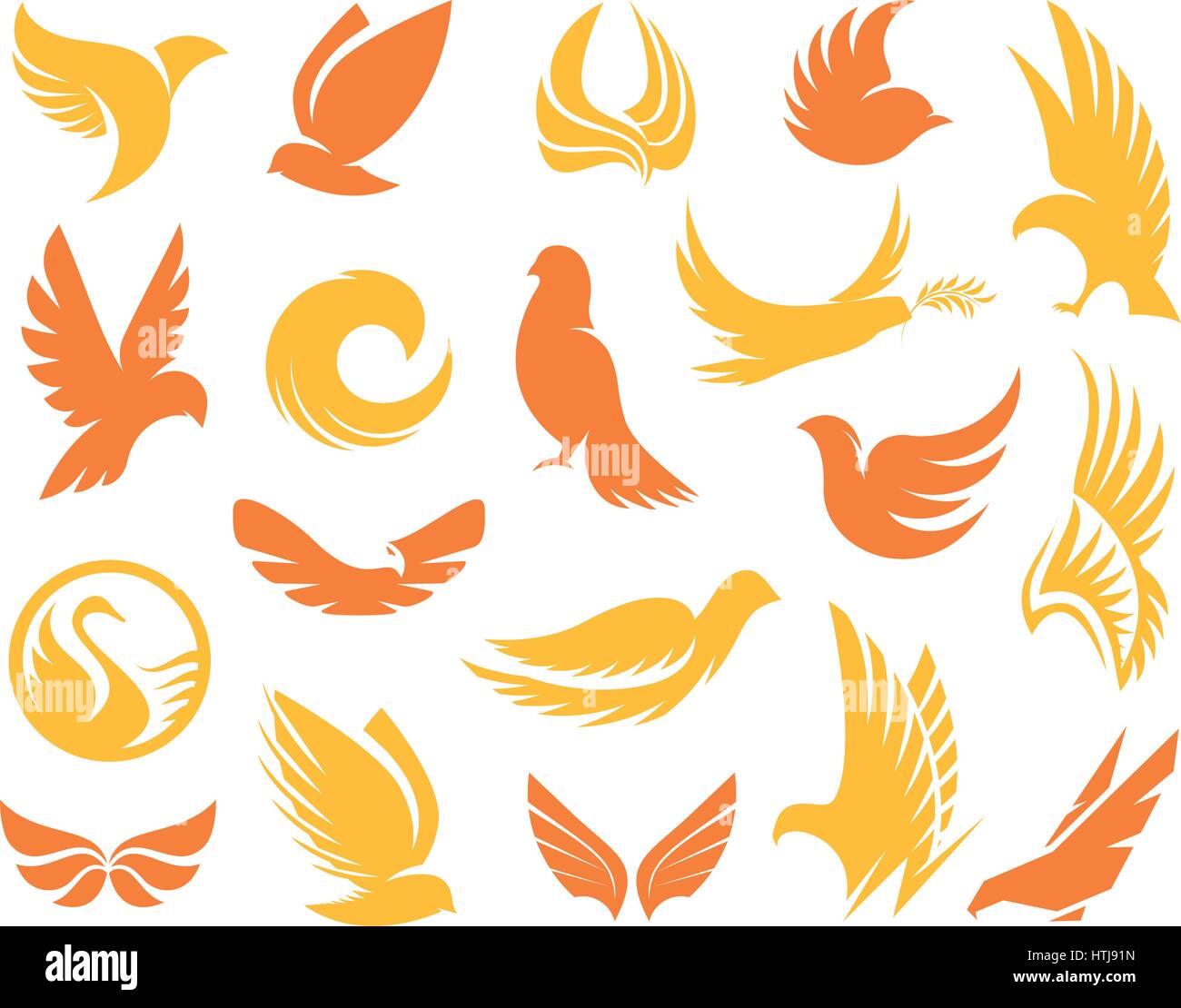 Abstract isolato giallo e arancione uccelli sagome collezione logo su sfondo bianco, le ali e le piume elementi logotipi set malato del vettore Illustrazione Vettoriale