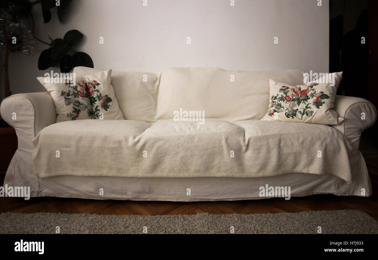 White divano con cuscini e pianta Foto Stock