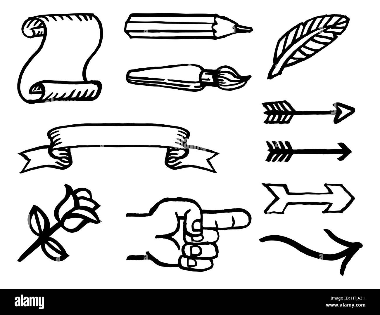 Gli elementi di design set dipinta con un pennello in acquerello inchiostro in mano grunge stile disegnato poi digitalizzati. Foto Stock