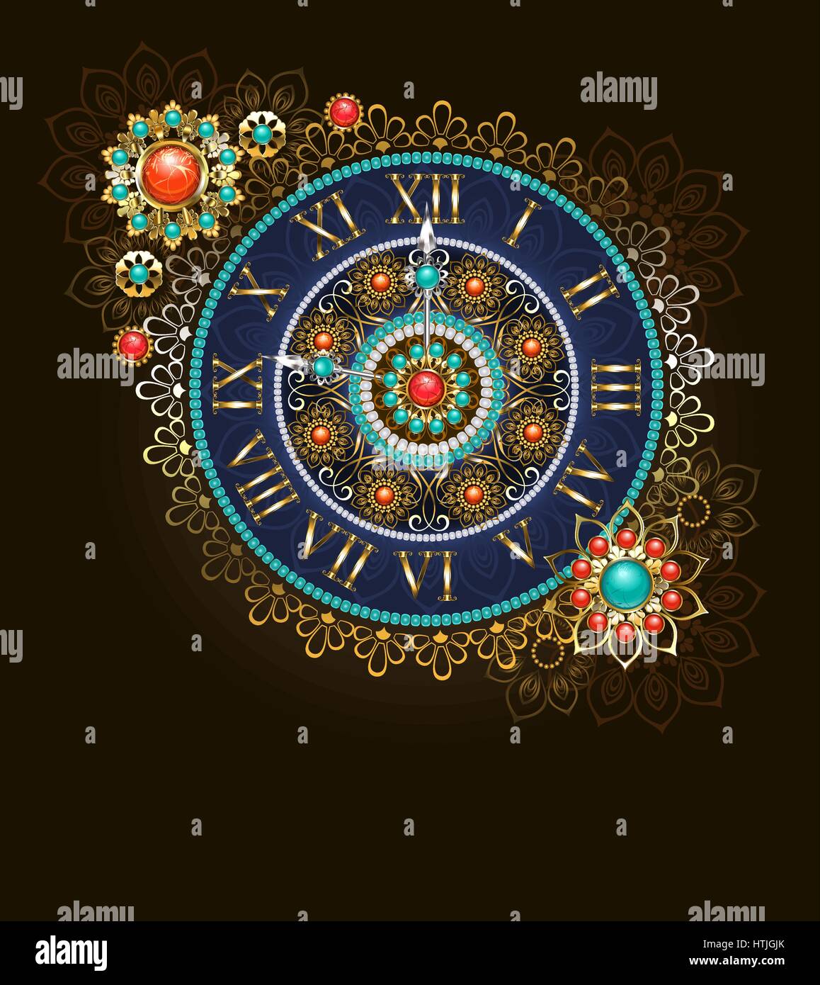 Round gioielli orologio, decorato con perle e pietre dure in stile etnico. Stile Boho. Modello etnico. Antico orologio. Illustrazione Vettoriale