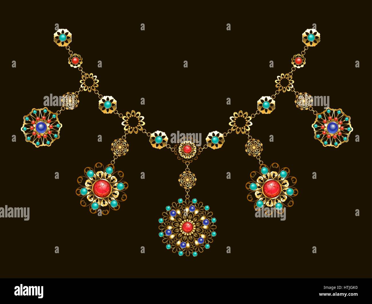 Etnici collana in oro con pietre semipreziose, corniola, turchese, lapislazzuli, gemme su uno sfondo nero. Gioielli di Design. Stile Boho. Illustrazione Vettoriale