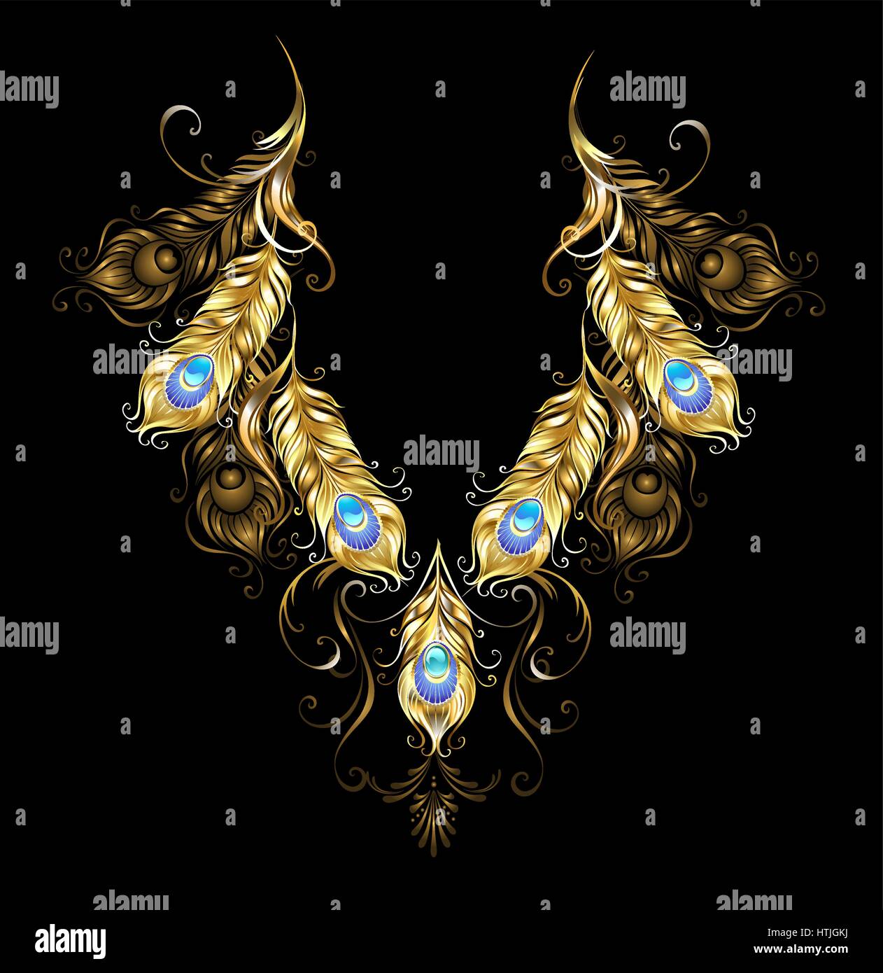 Ornamento simmetrica di oro penne di pavone con il turchese su uno sfondo nero. Gioielli in oro. Stile Boho. Illustrazione Vettoriale