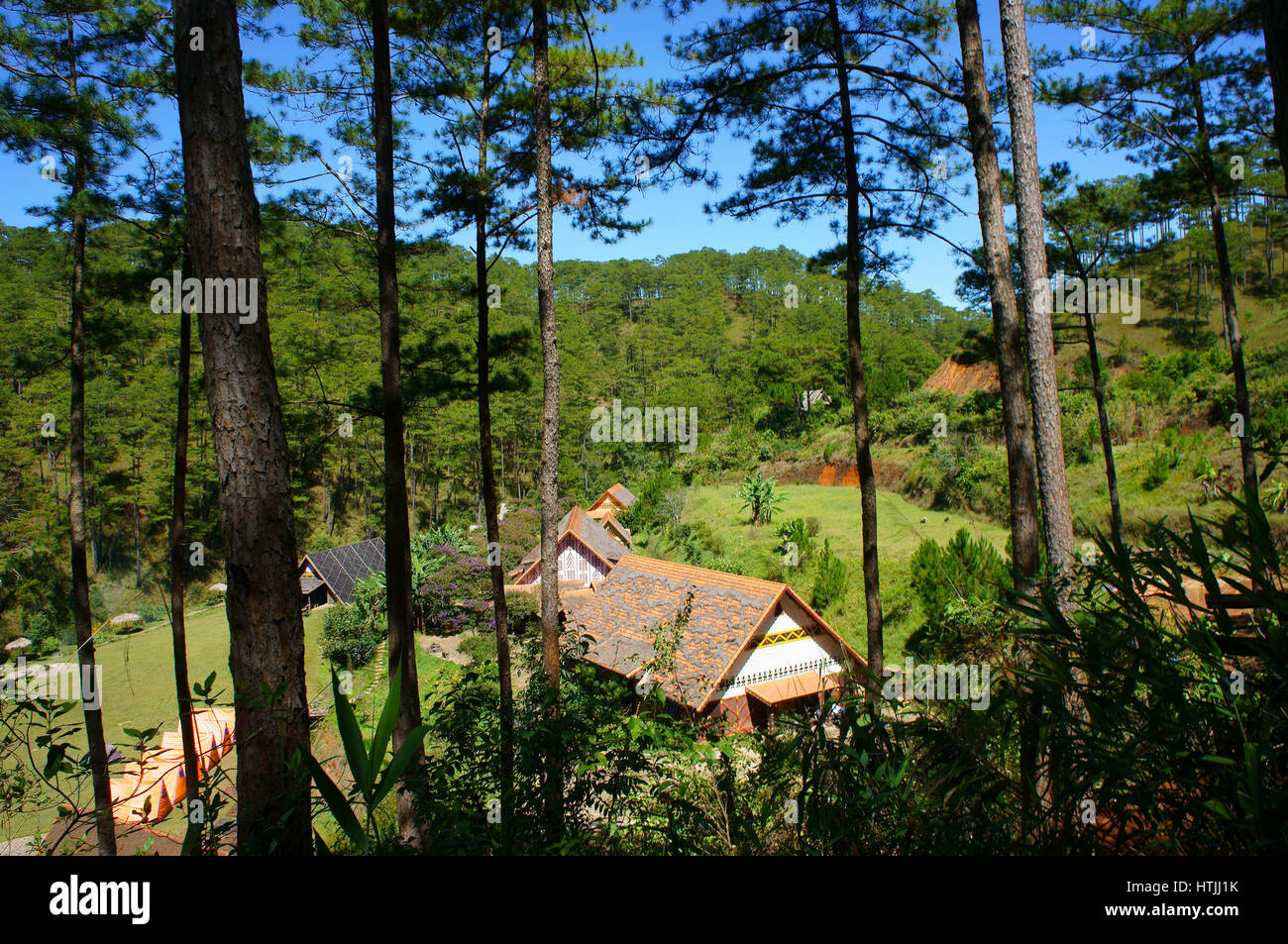 DA LAT, VIET NAM, Cu villaggio Lan a Dalat campagna, hotel e resort di vacanza tra la giungla di pino, camp sul campo in erba per il turismo ecologico, Dalat, Vietnam Foto Stock