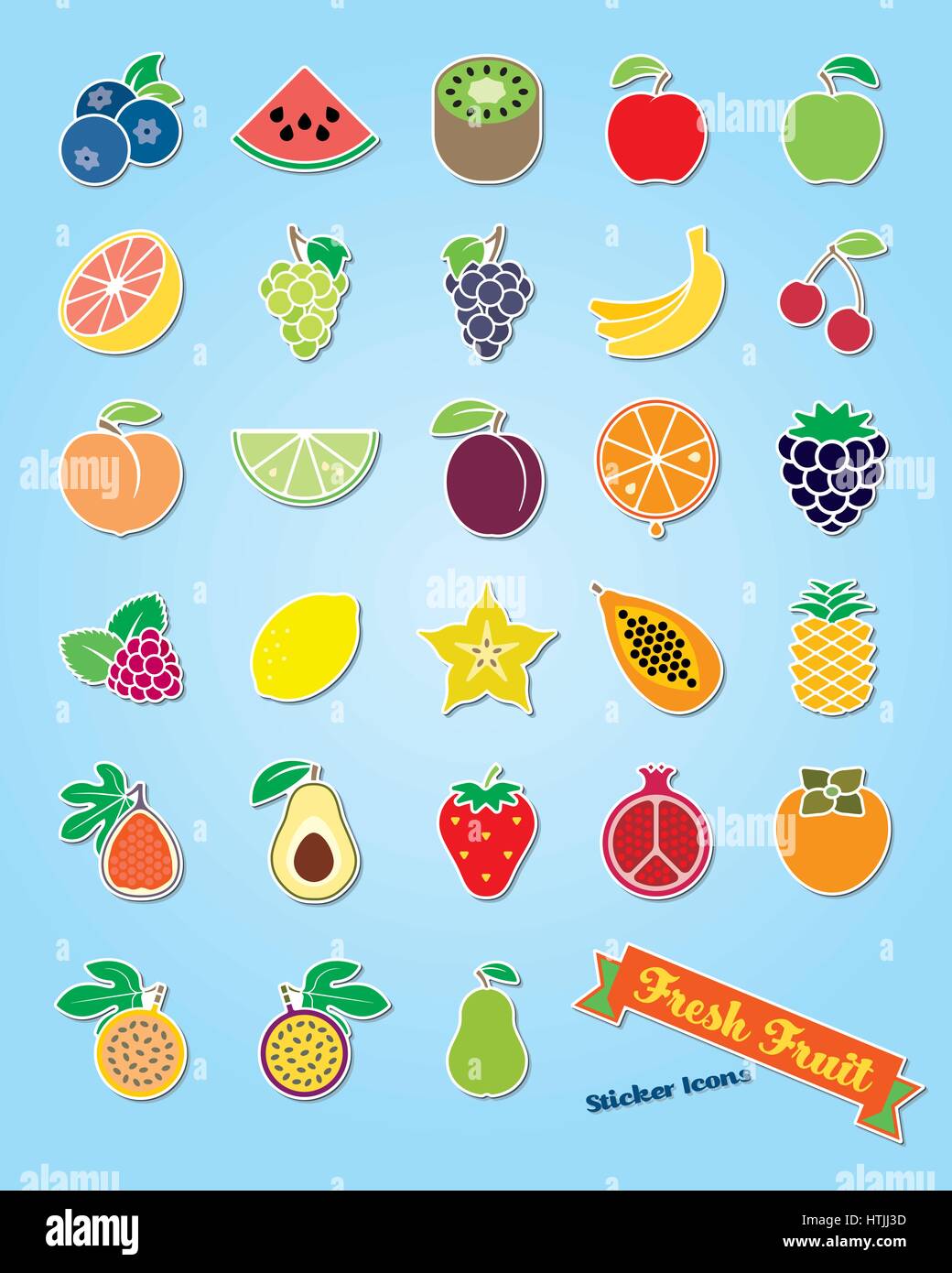 Collezione di 25 frutta fresca Adesivo delle icone Illustrazione Vettoriale