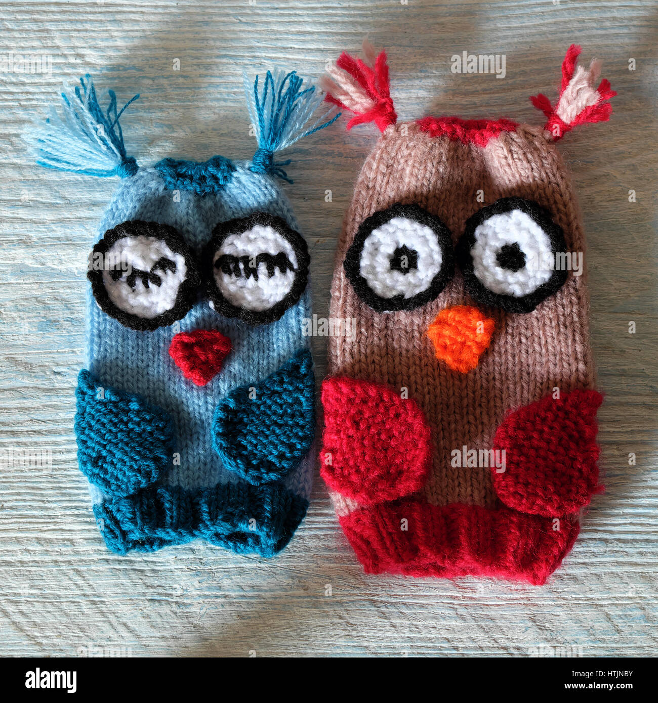 Mano marionette per bambini giorno e colorati di gufo puppet lavorato a maglia di filati, divertente regalo fatti a mano per la Giornata del bambino bianco su sfondo di legno Foto Stock