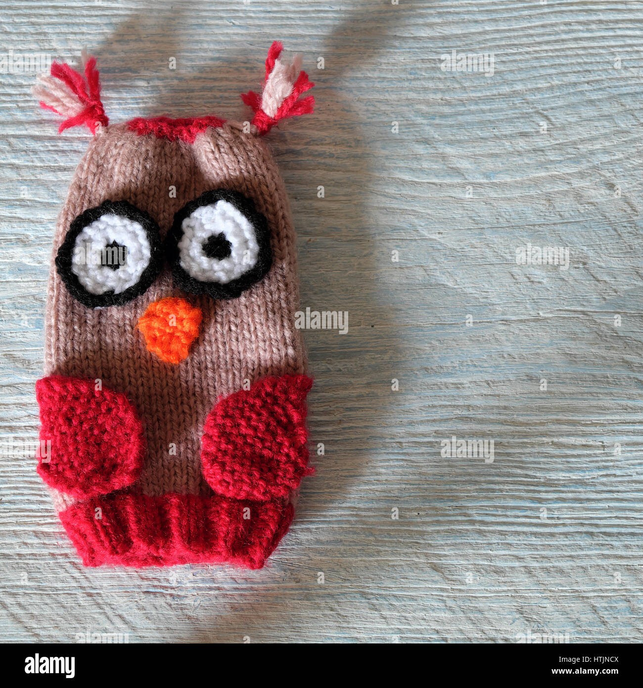 Mano marionette per bambini giorno e colorati di gufo puppet lavorato a maglia di filati, divertente regalo fatti a mano per la Giornata del bambino bianco su sfondo di legno Foto Stock