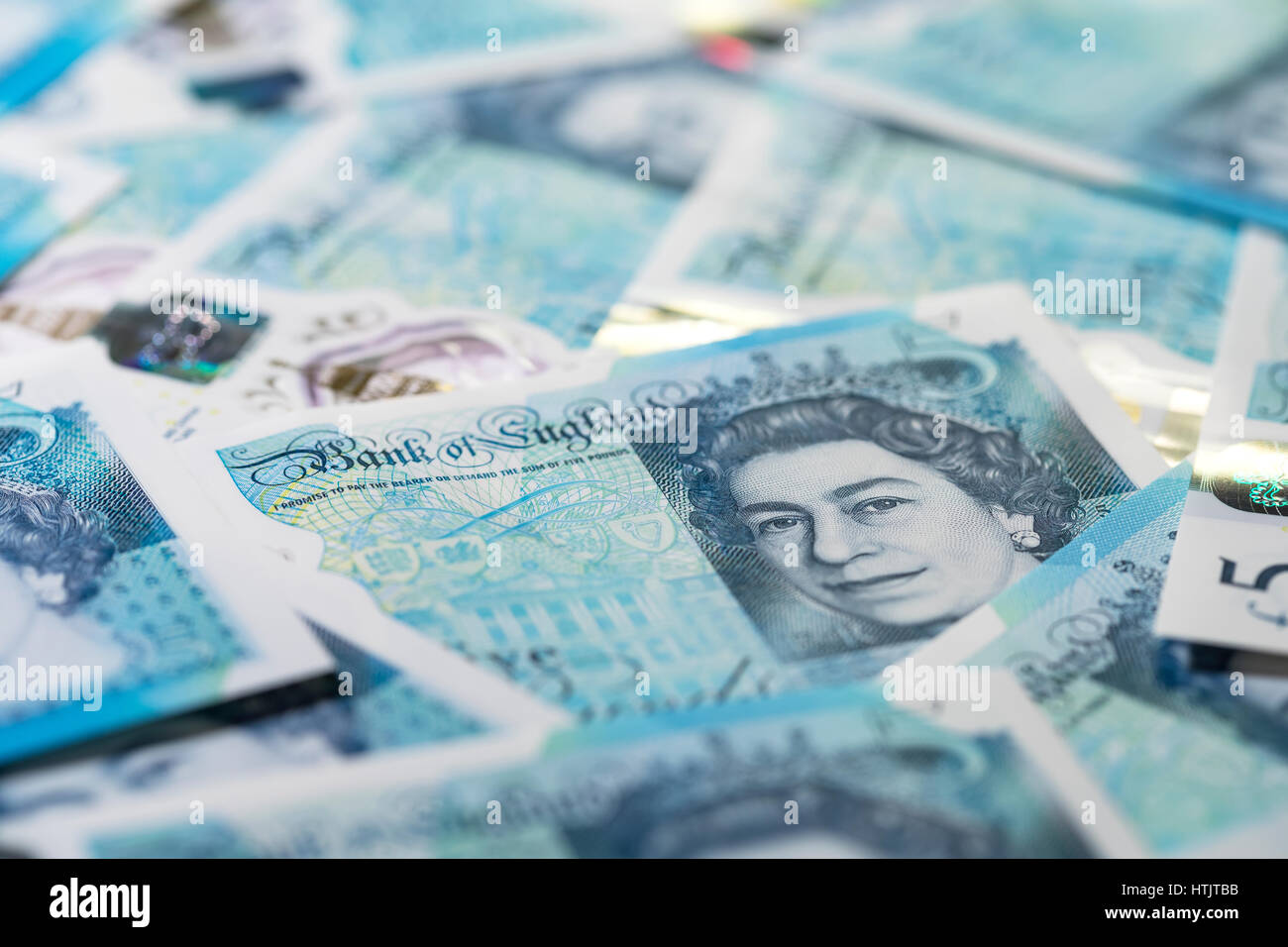 Valuta britannica - nuovo polimero cinque Pound note, Sterling, contanti Foto Stock