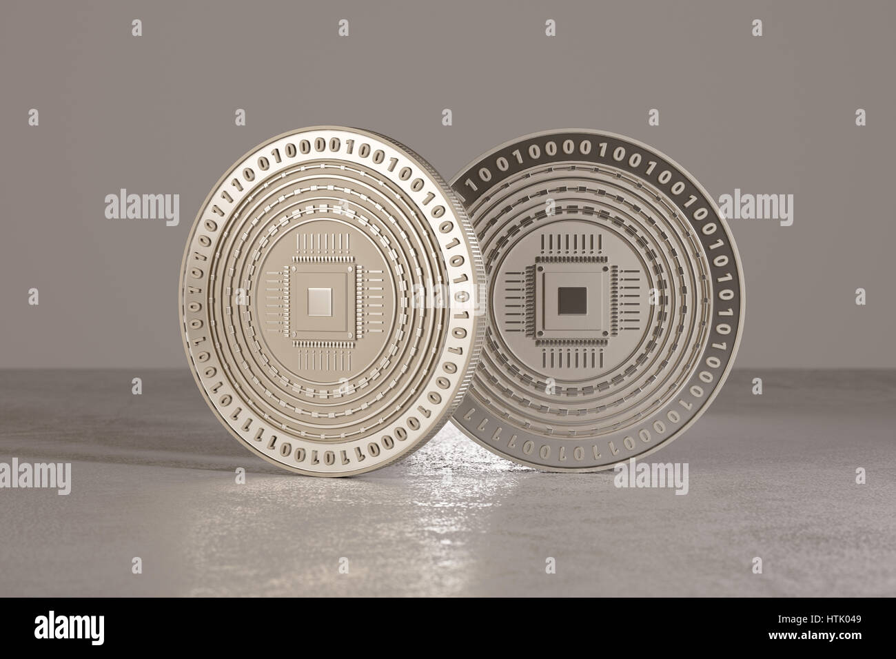 Silver digital crypto-moneta monete in piedi sul pavimento di metallo come esempio per la moneta virtuale e di fin-tech Foto Stock