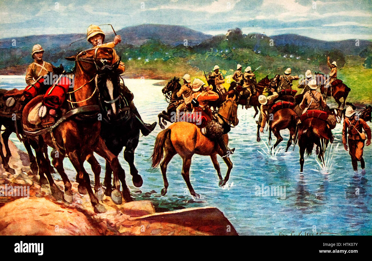 Il Trecento e il campo Sixty-Sixth batterie attraversando il Tugela sotto pesante fuoco dal Boers in Ambuscade. Sud Africa durante la guerra boera Foto Stock