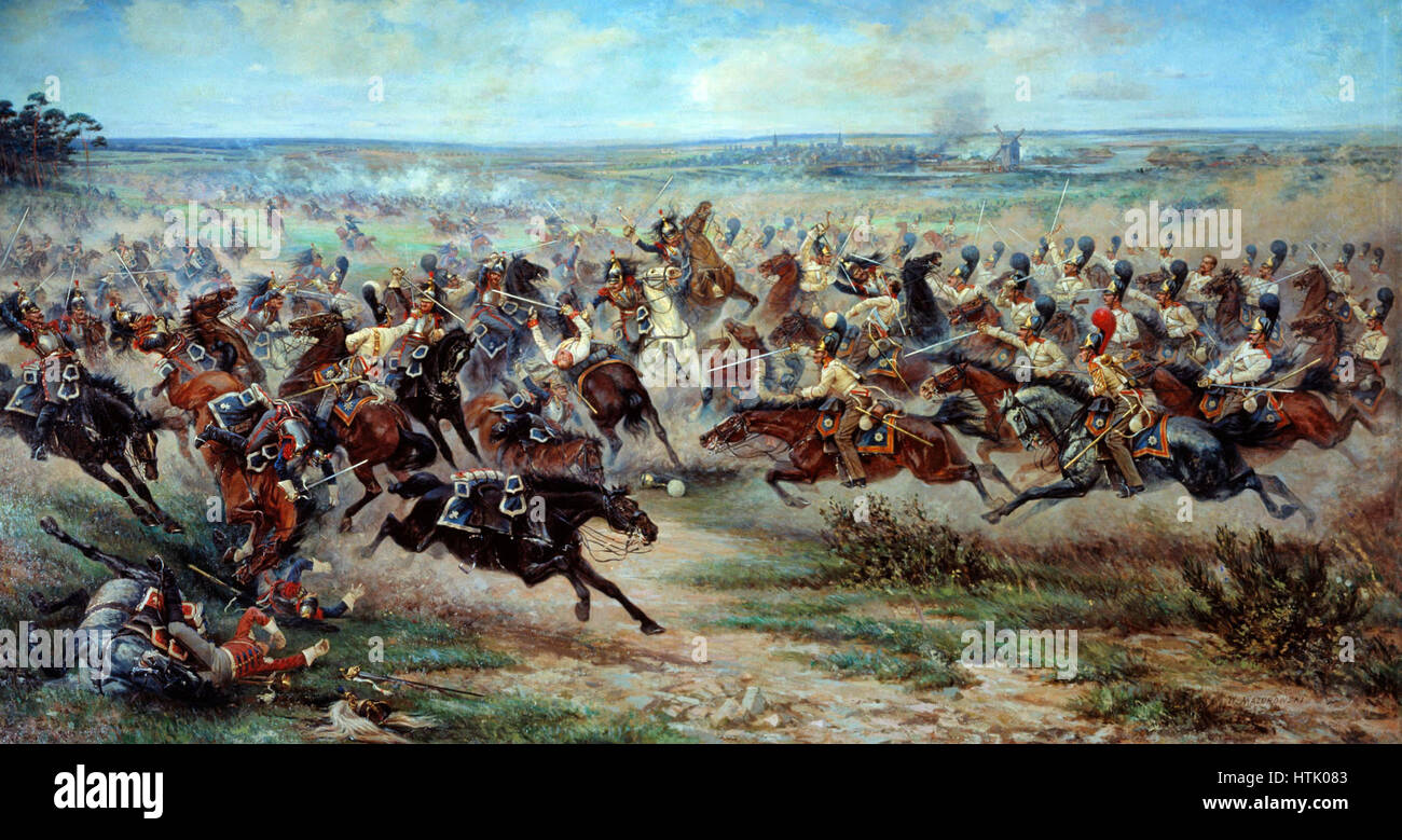 Carica di Imperiale Russa di cavalleria di guardia contro cuirassiers francese alla battaglia di Friedland, 14 Giugno 1807 da Viktor Mazurovsky, 1912 Foto Stock