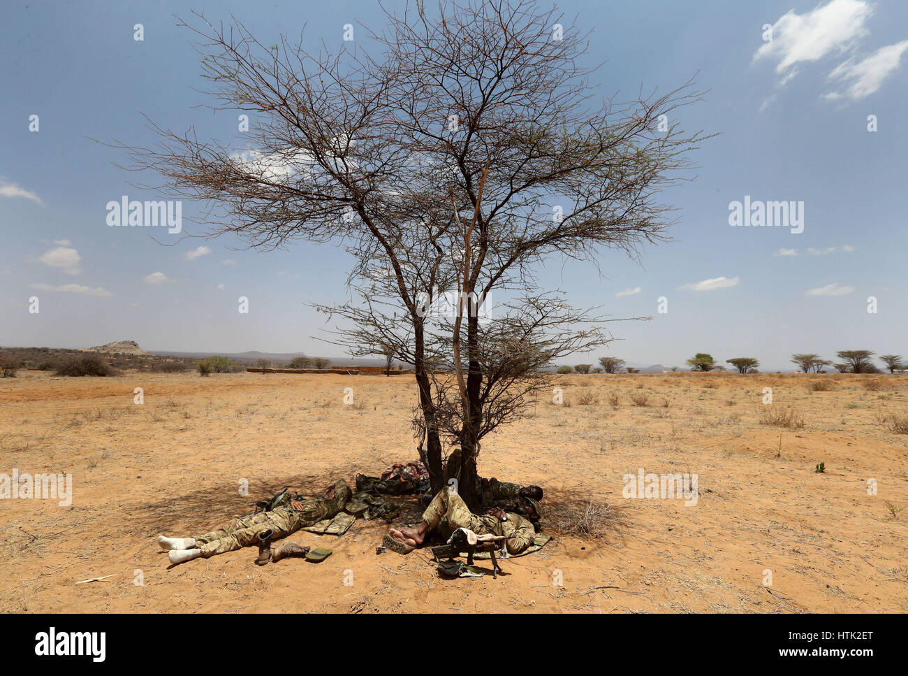 Soldati del 2 ° Battaglione, il reggimento reale di Scozia (2SCOTS) al riparo dal calore sotto un albero, come prendono parte all'esercizio di Askari Storm in Archers Post nel nord del Kenya. 06/03/17 Foto Stock