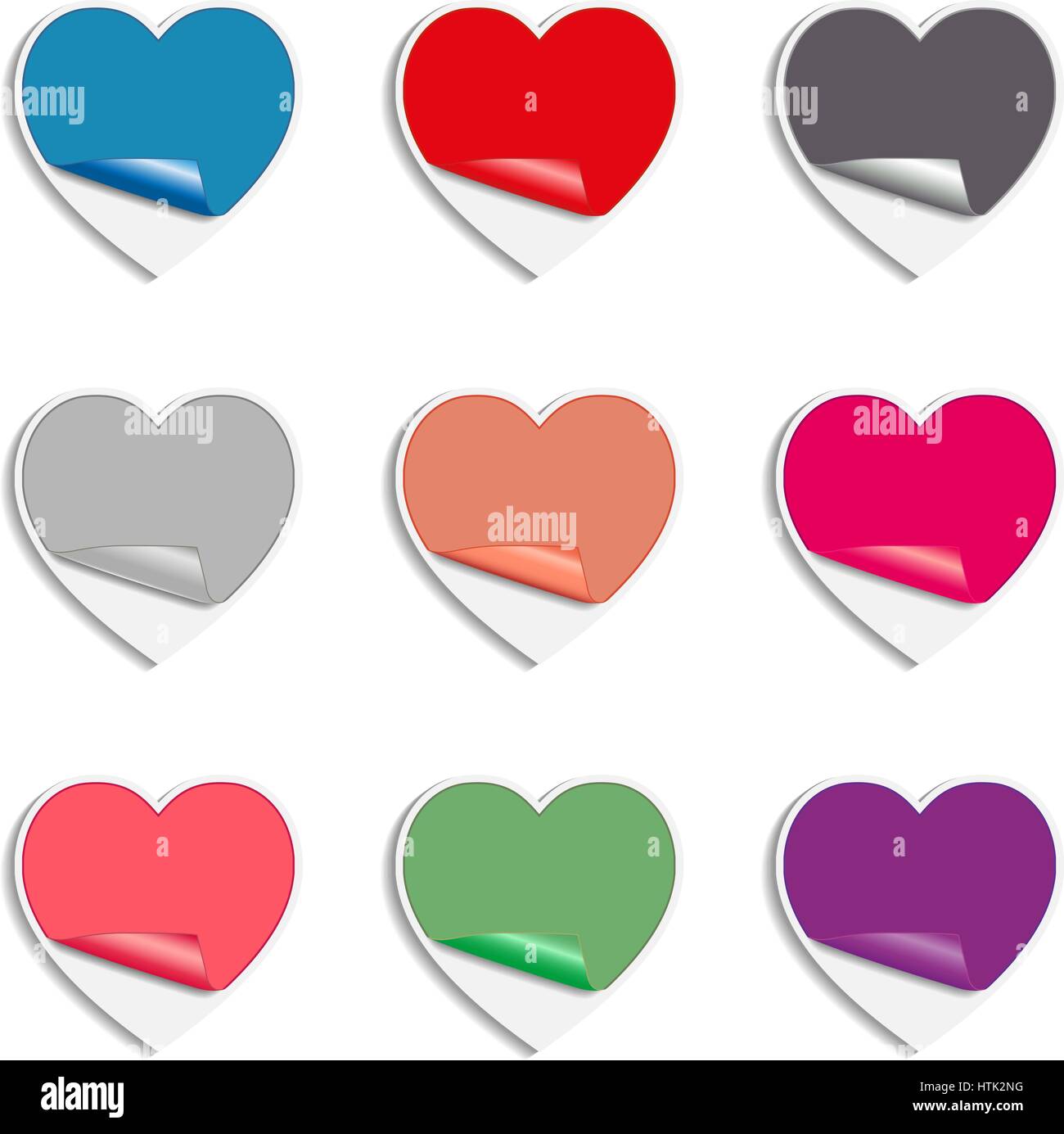 Un set di adesivi colorati in forma di cuori, illustrazione vettoriale. Illustrazione Vettoriale