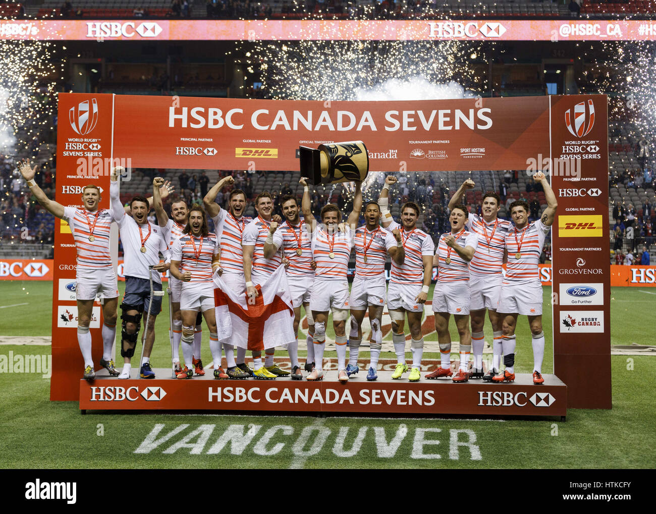 Vancouver, British Columbia, Canada. Xii Mar, 2017. Inghilterra vince oro durante il 2017 HSBC Canada Sevens alla BC Place Stadium il 12 marzo 2017 a Vancouver, BC, Canada. Punteggio finale Inghilterra 19, Sudafrica 7. Credito: Andrew mento/ZUMA filo/ZUMAPRESS.com/Alamy Live News Foto Stock