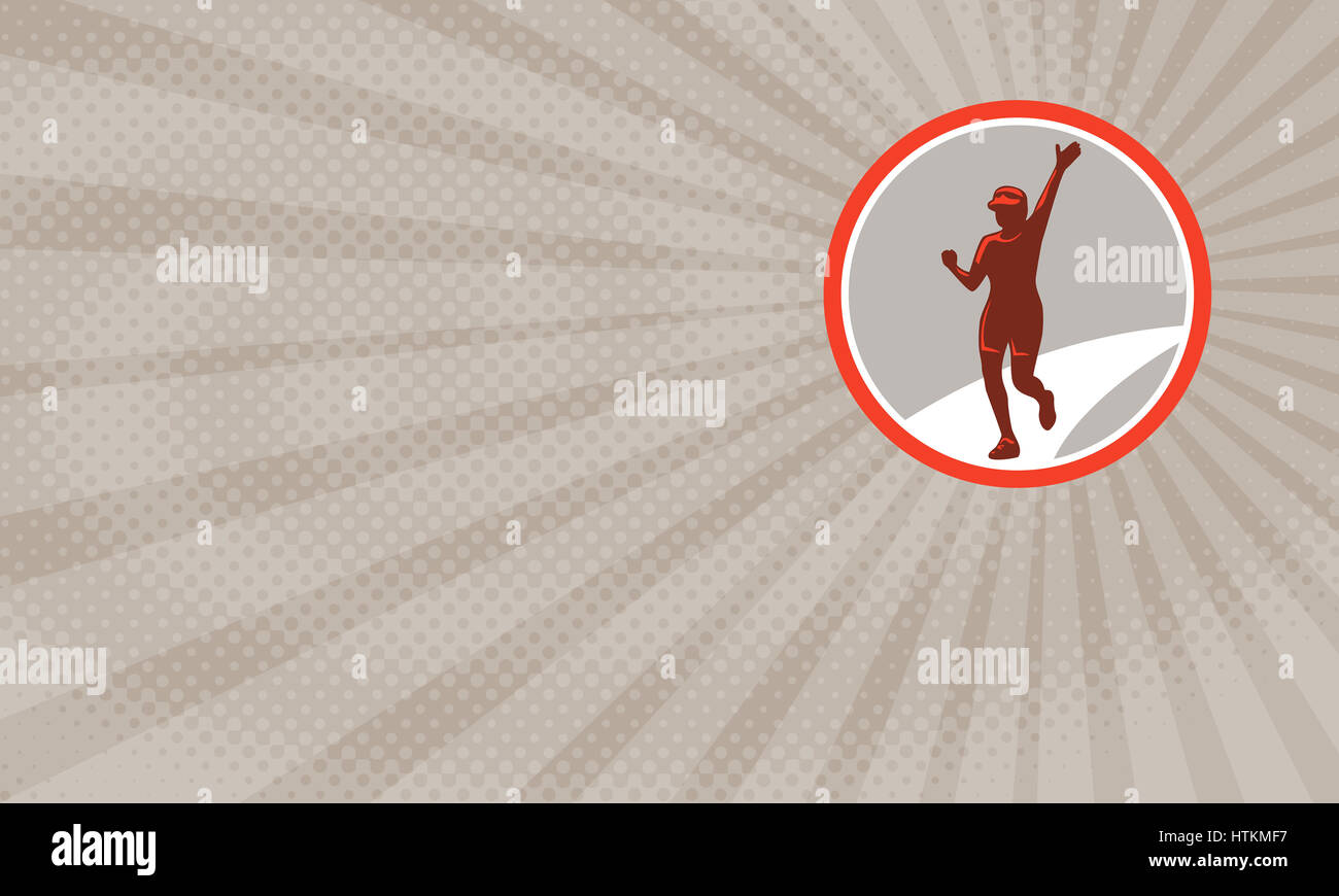 Business card mostra illustrazione della donna triatleta maratona runner acceso vincendo gara di finitura insieme all'interno del cerchio fatto in stile retrò. Foto Stock