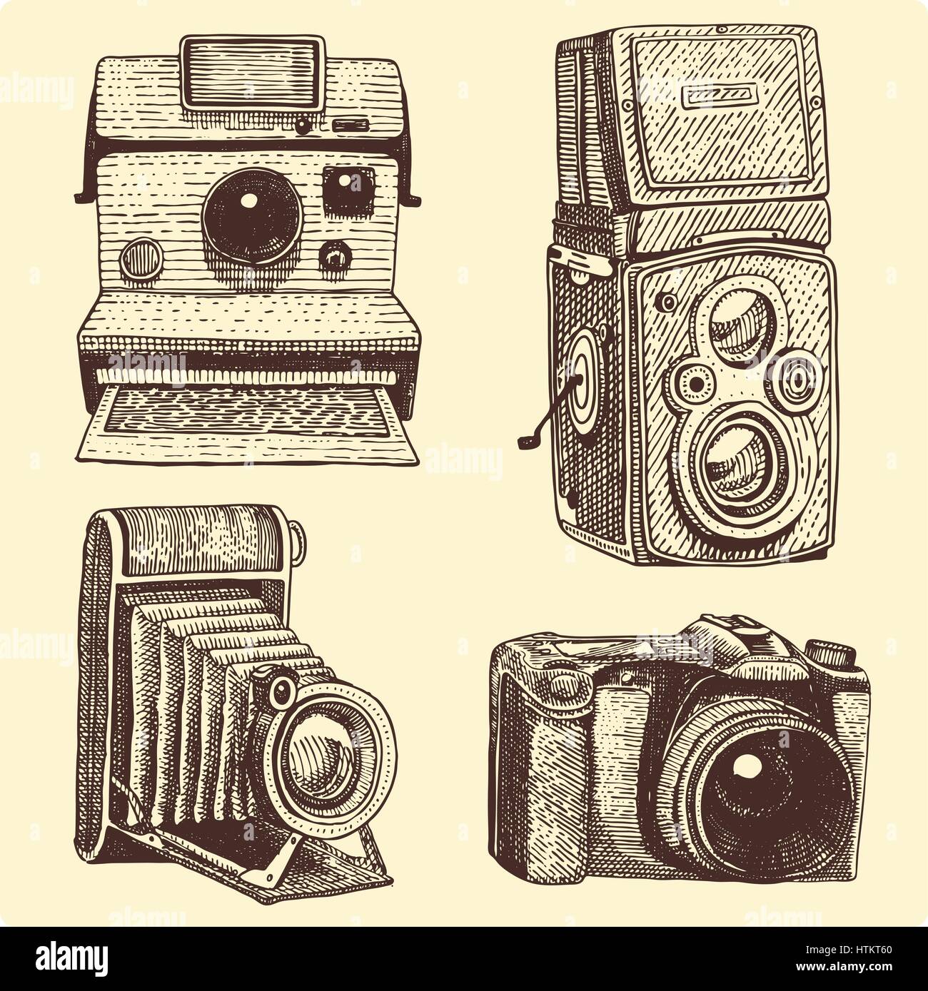 Set di instant, vintage e moderne foto fotocamera , incisi disegnati a mano nel disegno o taglio di legno stile, vecchio cercando lente retrò, vettore isolato i realistici Illustrazione Vettoriale