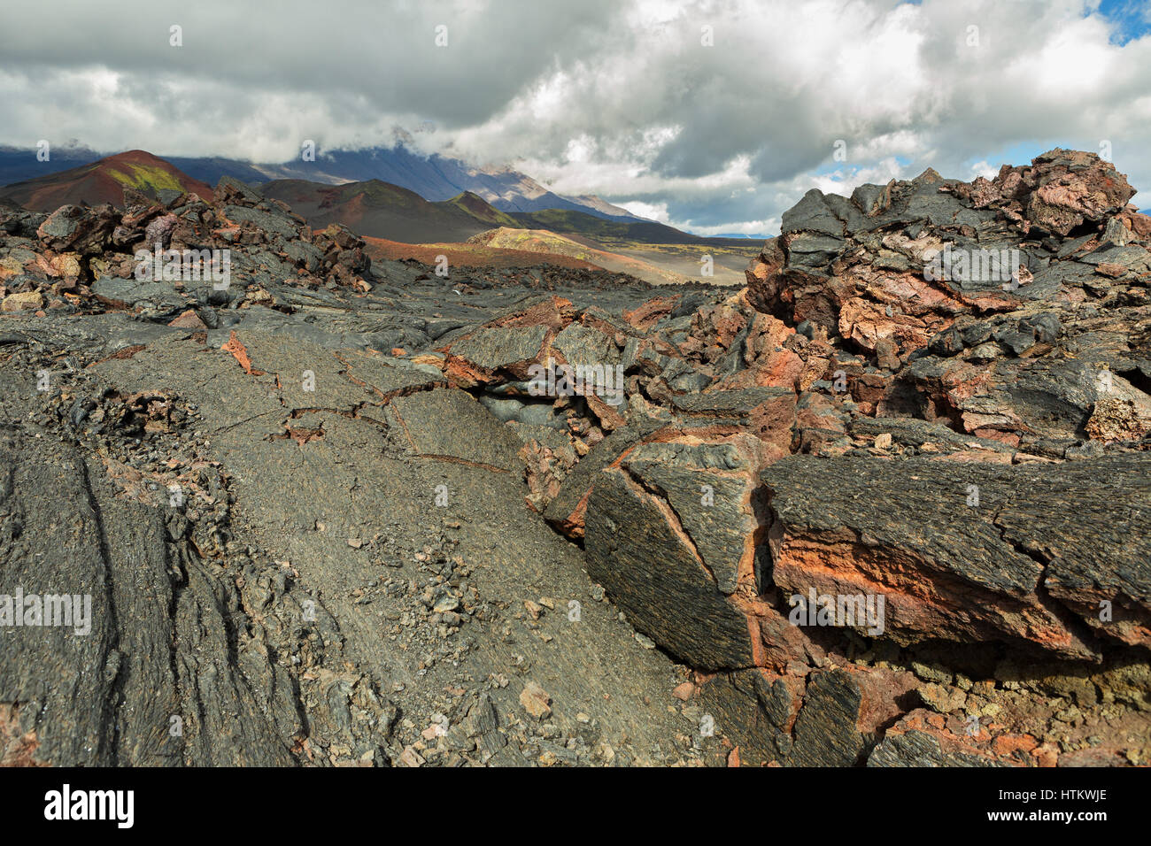 Campo di lava eruzione vulcanica active Plosky Tolbachik Vulcano, Klyuchevskaya Gruppo di vulcani Foto Stock