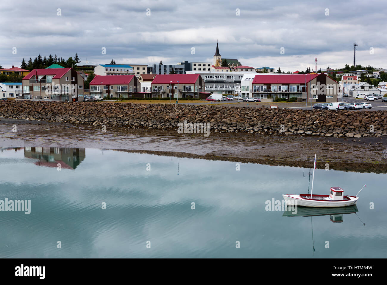 Vista di Borgarnes cittadina di pescatori, Islanda Foto Stock