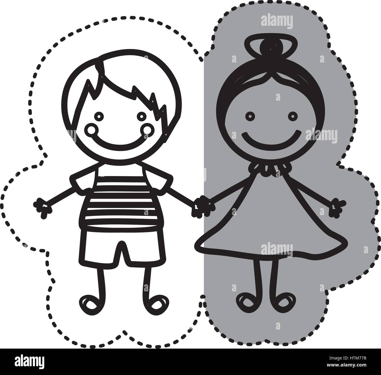 Sticker schizzo silhouette caricatura giovane ragazzo con capelli straigth e la ragazza con i capelli raccolti Illustrazione Vettoriale