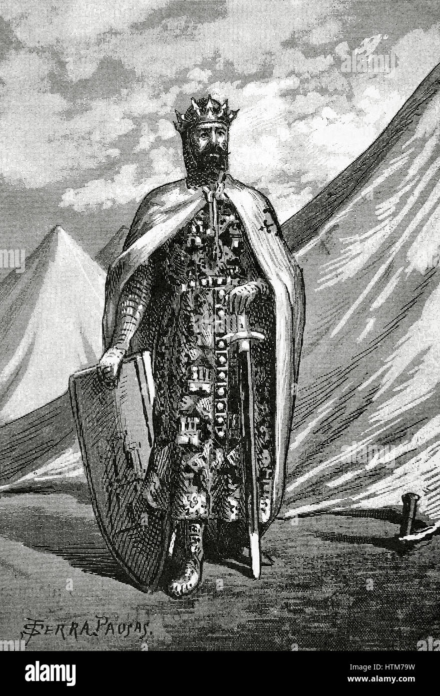 Ferdinando III (1199/1201-1252), chiamato il Santo. Re di Castiglia (dal 1217), Leon (dal 1230) e la Galizia (dal 1231). Ritratto. Incisione di Serra Pausas. Foto Stock