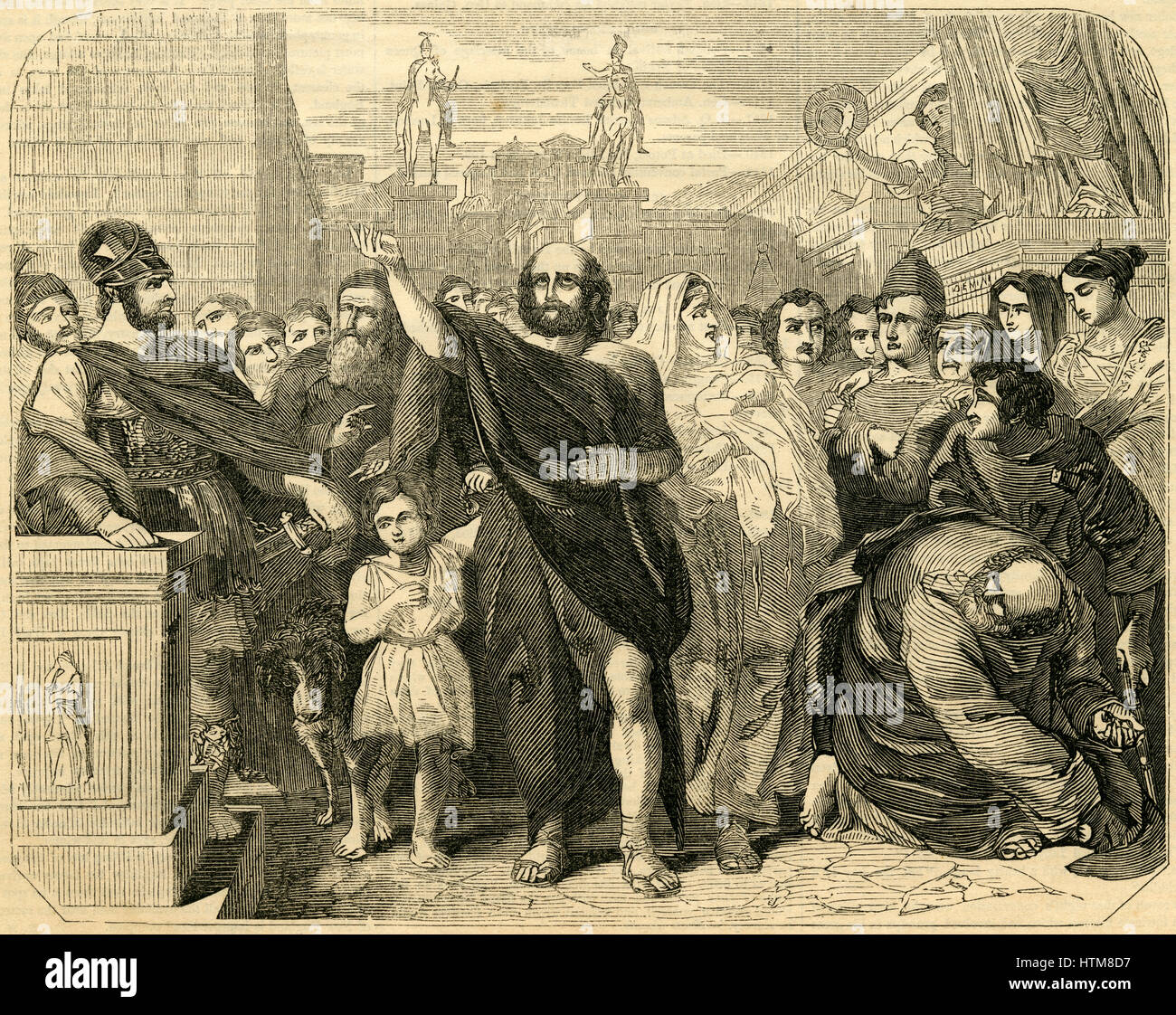 Antica incisione 1854, "l'esilio di Aristide." Aristides (530 BC-468 BC) era un antico statista ateniese. Soprannominato "i giusti", egli fiorirono nei primi trimestre di Atene periodo classico ed è ricordato per la sua generalship nella guerra persiano. L'antico storico Erodoto citato lui come "il migliore e il più illustre uomo di Atene", e ha ricevuto in modo analogo trattamento riverente in Plato's i dialoghi socratici. Fonte: incisione originale. Foto Stock