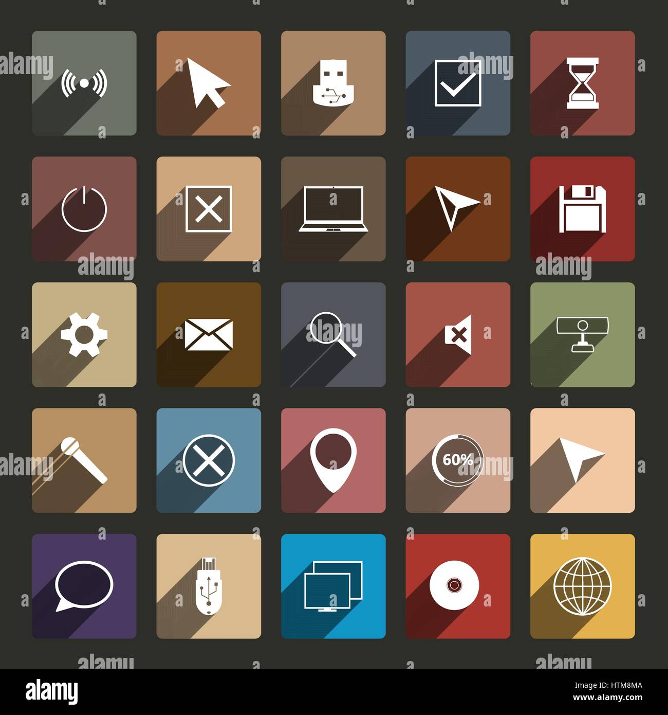 Icone computer con lunga ombra, di tipo piatto, illustrazione vettoriale. Illustrazione Vettoriale