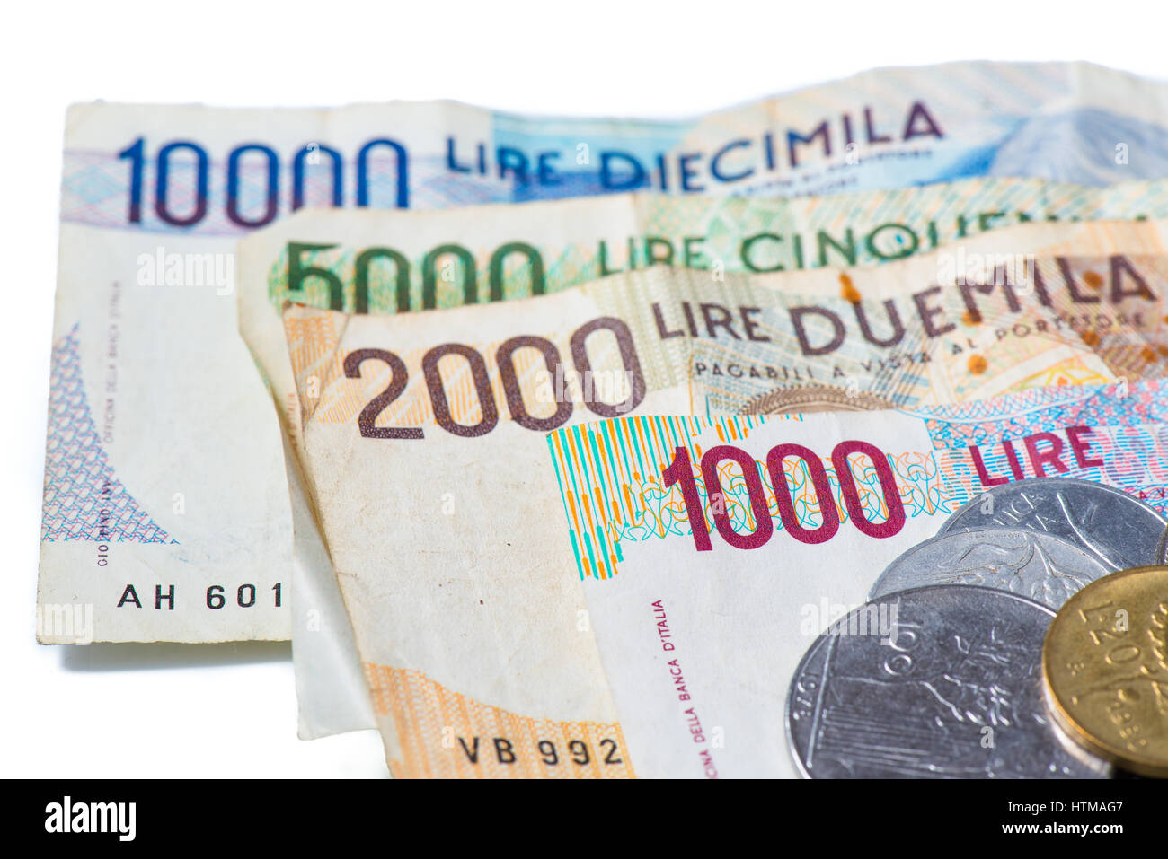 Banconote da Italia. Lira italiana e monete metalliche 10000, 5000, 2000, 1000. 100. 50. 20. 10. Foto Stock