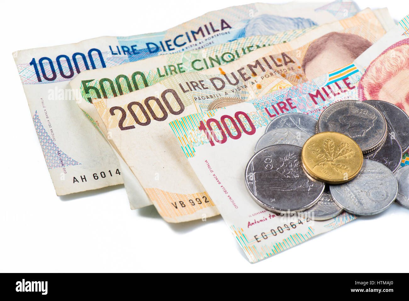 Banconote da Italia. Lira italiana e monete metalliche 10000, 5000, 2000, 1000. 100. 50. 20. 10. Foto Stock