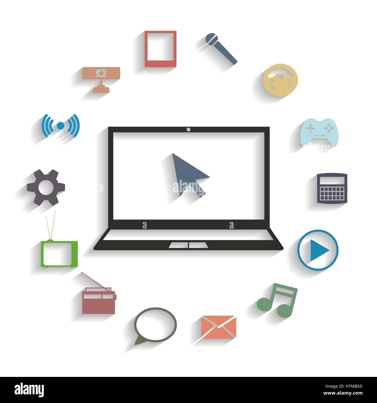 Il concetto di utilizzare un computer portatile in un design piatto con icone, illustrazione vettoriale. Illustrazione Vettoriale