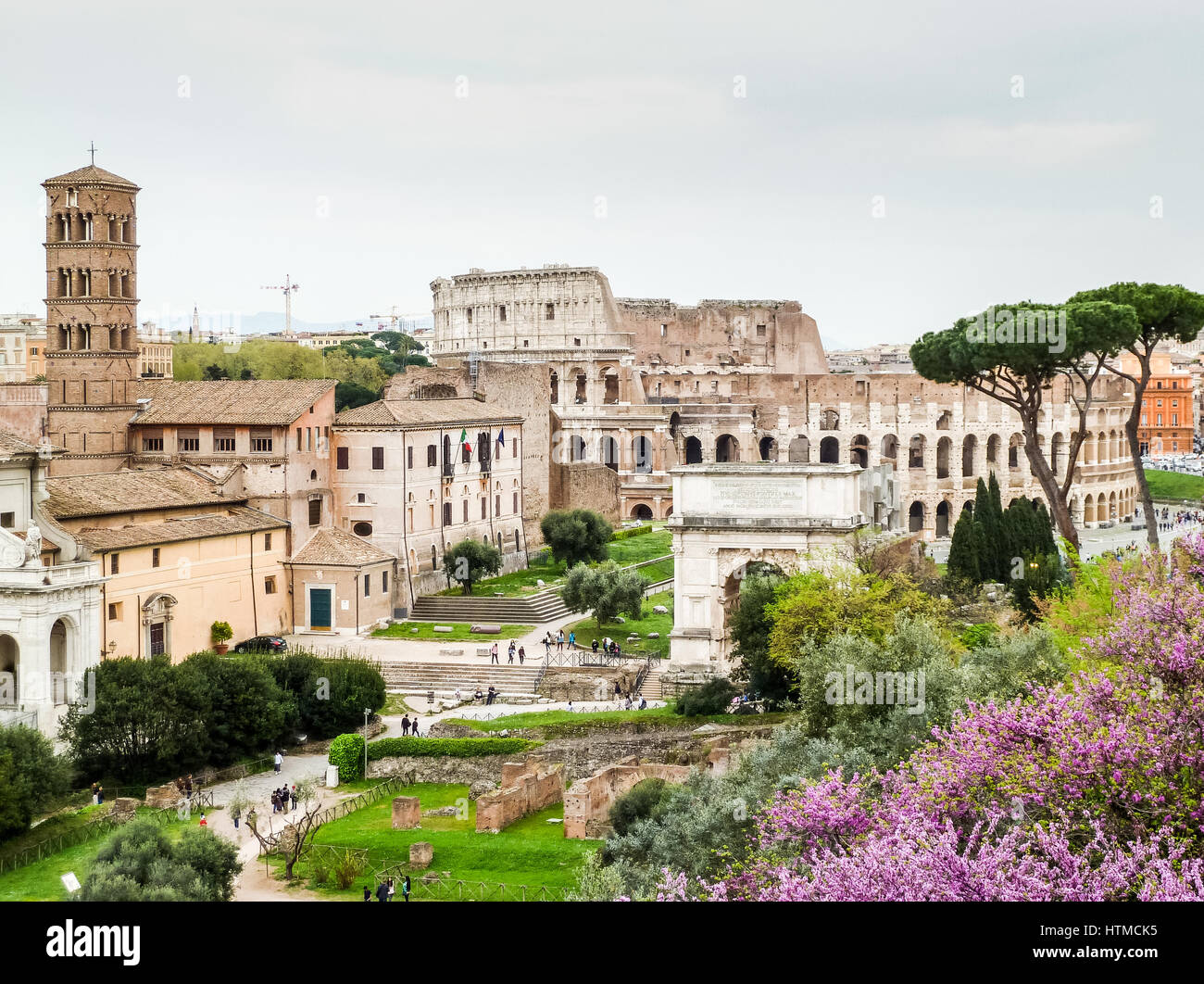 Vista del Colosseo a Roma a inizio primavera, presa dal lato del colle Palatino guardando attraverso il Foro Romano Foto Stock