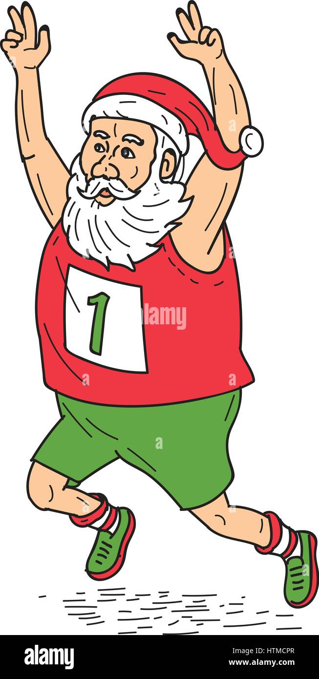 Illustrazione di Babbo Natale san nicola babbo natale correre una maratona alzando le mani sopra la testa impostato su isolato sfondo bianco fatto in cartoo Illustrazione Vettoriale
