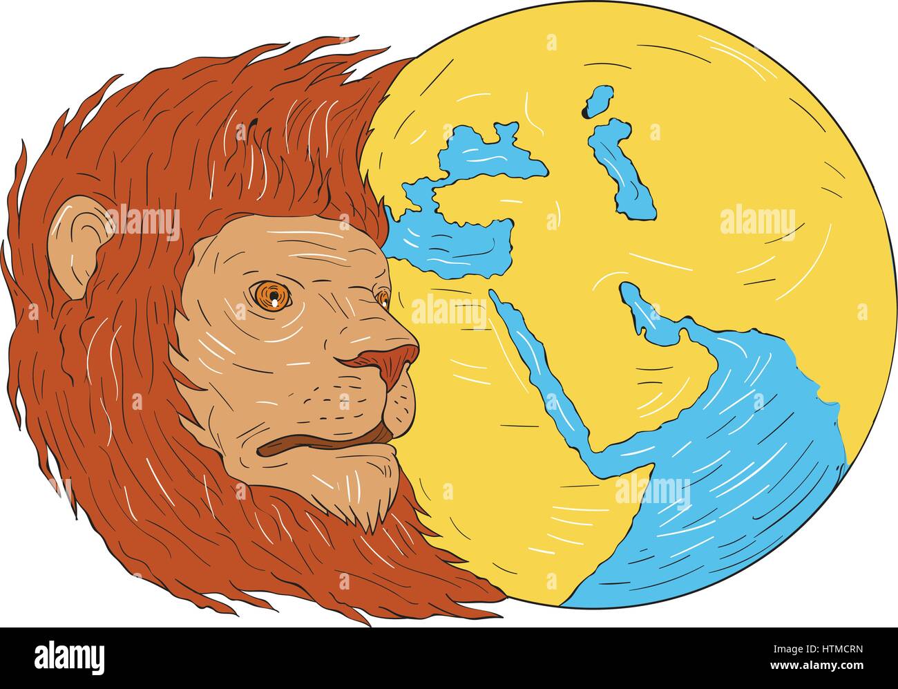 Disegno stile sketch illustrazione della testa di leone con fluente criniera guardando al lato con il Medio Oriente e Asia Mappa mondo impostato su bianco isolato backg Illustrazione Vettoriale