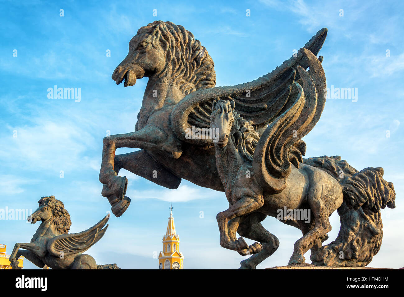 Vista ingrandita del Pegasus statue a Pegasus Wharf a Cartagena, Colombia Foto Stock
