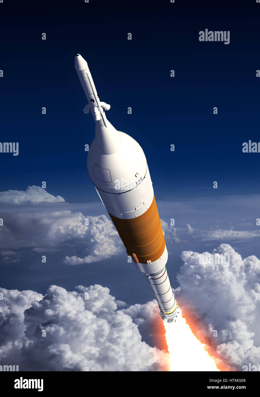 Veicolo di lancio a razzo tra le nuvole. 3D'illustrazione. Foto Stock