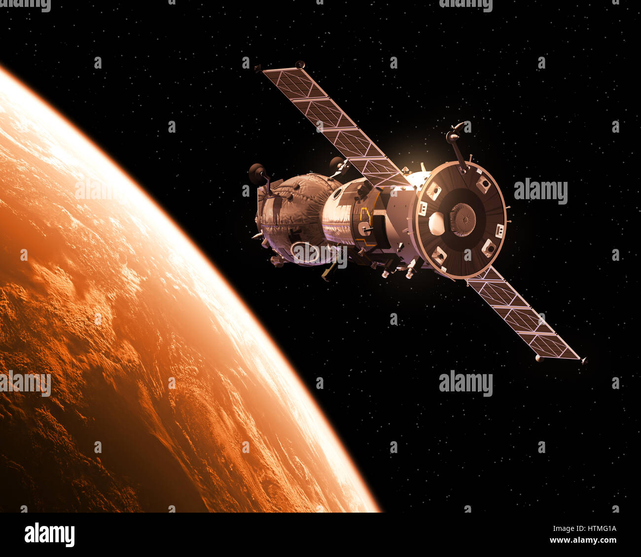 Veicolo spaziale in orbita il Pianeta rosso. Realistiche in 3D'illustrazione. Foto Stock