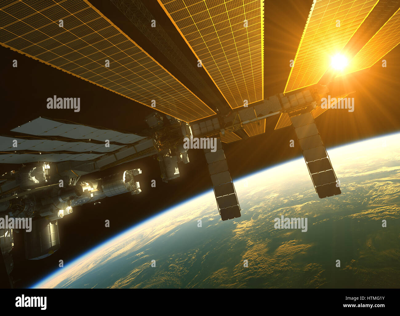 La stazione spaziale internazionale nei raggi del sole a Sun al di sopra della terra. 3D'illustrazione. Foto Stock