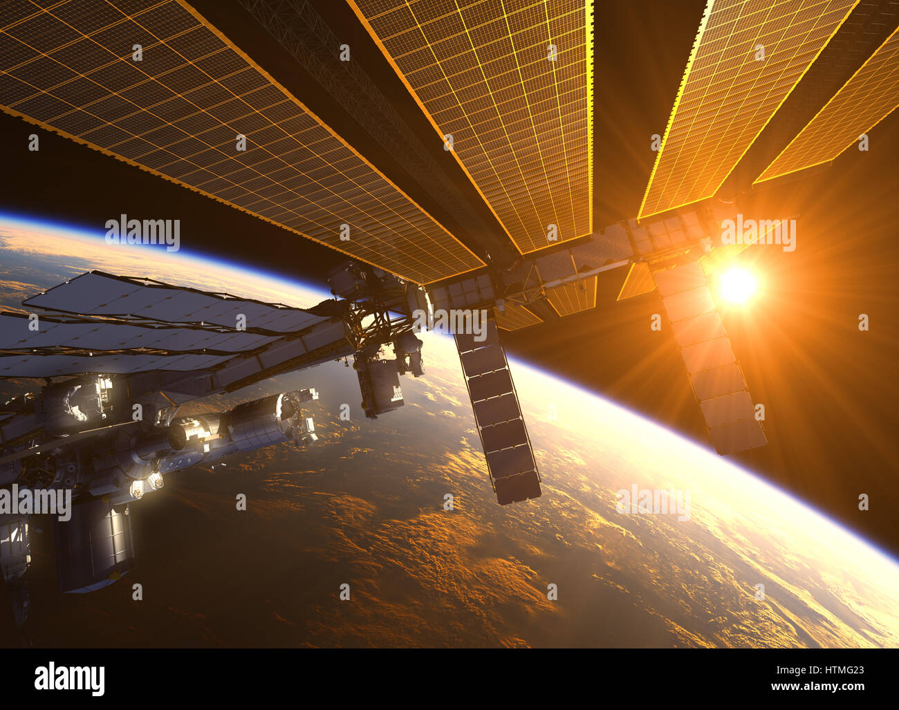 Stazione spaziale internazionale ai raggi del sole rosso 3D'illustrazione. Foto Stock