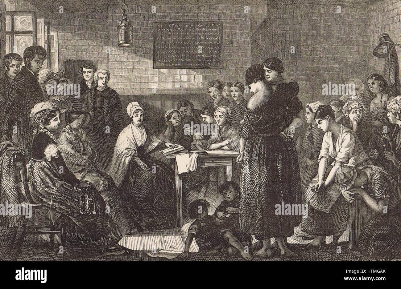 Elizabeth Fry (1780-1845) inglese Quaker riformista sociale la lettura a femmina prigionieri a Newgate. Uomo a sinistra con la mano sul retro della sedia è Thomas Fowell Buxton (1786-1845) Foto Stock