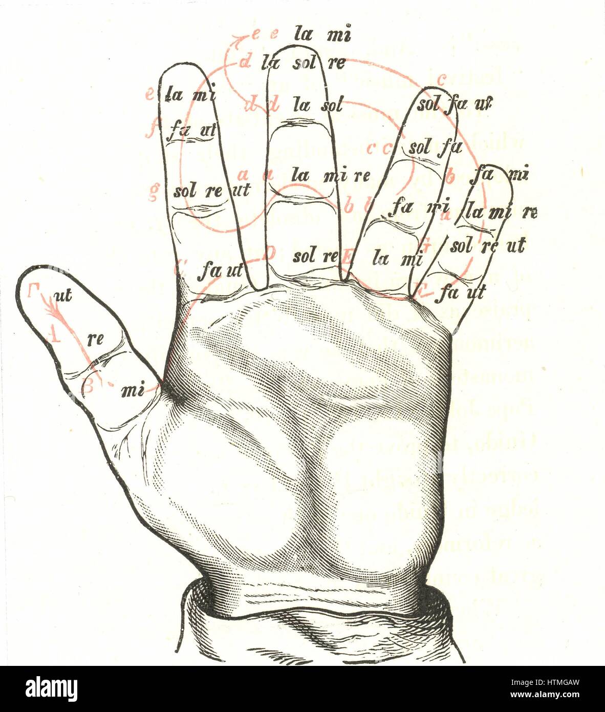 La mano Guidonian, un dispositivo mnemonico per aiutare l'apprendimento di vista cantare; un precursore di Tonic Sol-fa. Ideato da Guido di Arezzo (991/992-dopo il 1033), monaco benedettino. Foto Stock