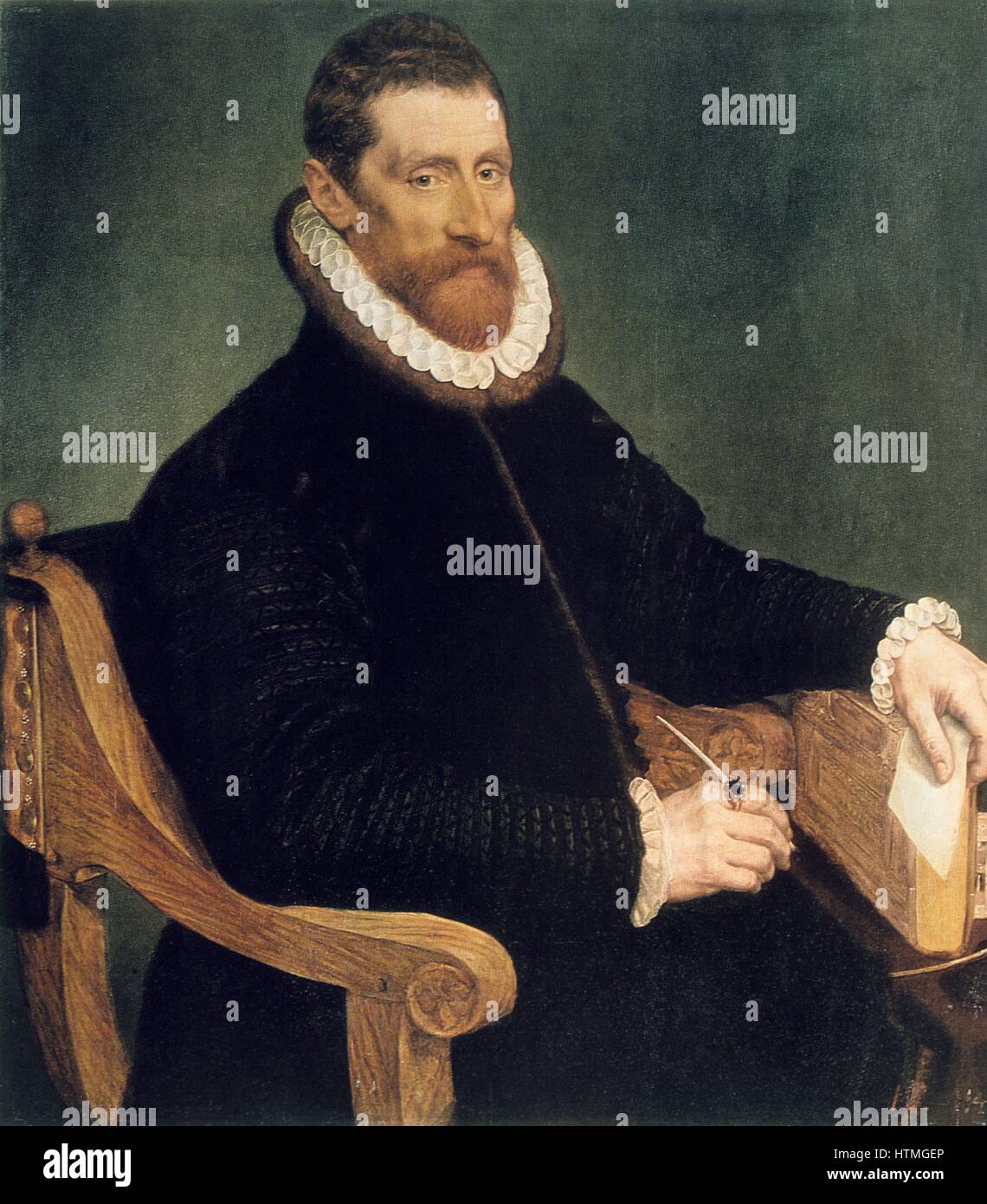 Ritratto di un uomo: Olio su legno. Francesco Pourbus il Vecchio (1545-1581) pittore fiammingo. Uomo seduto in pelliccia rifilati Giacca in velluto tenendo un tubetto di penna e un libro. Foto Stock